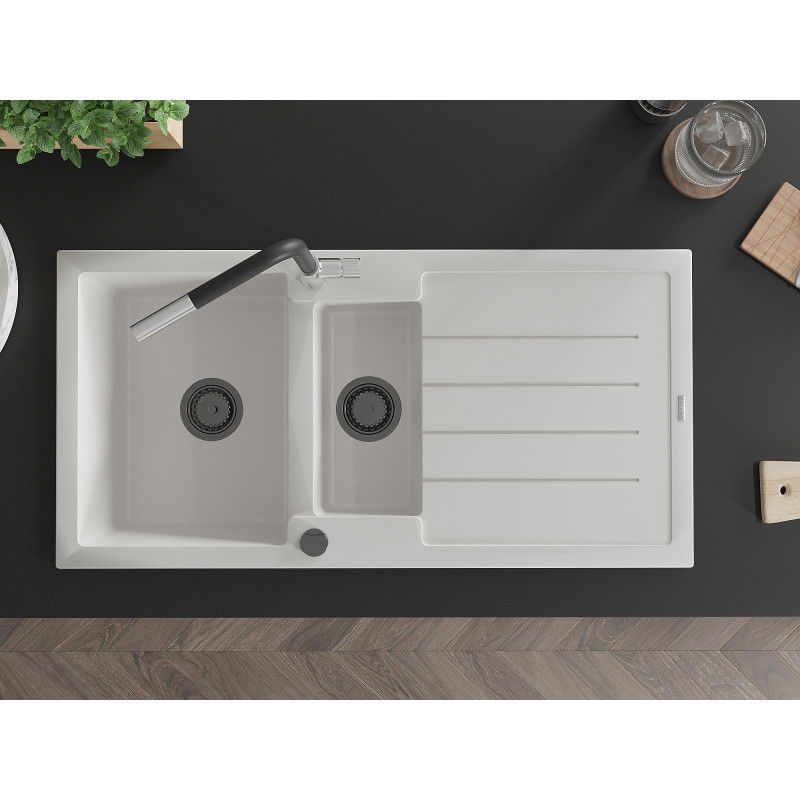 Mexen Andres granite sink 1.5-bowl with drainer and Flora kitchen tap, white - 6515-20-670401-07-B