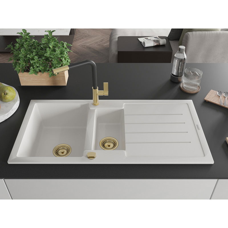 Mexen Andres Granitspüle, 1,5-Becken mit Abtropffläche und Küchenarmatur Flora, weiß - 6515-20-670401-57-G