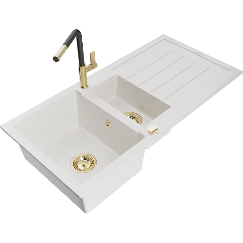 Mexen Andres 1.5-bowl granite sink with drainer and Flora kitchen tap, white - 6515-20-670401-57-G