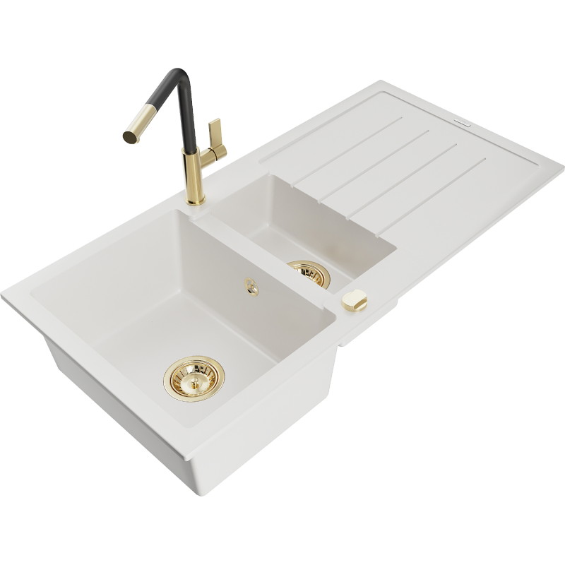 Mexen Andres granieten spoelbak 1,5-compartiment met afdruiprek en keukenmengkraan Flora, wit - 6515-20-670401-57-G