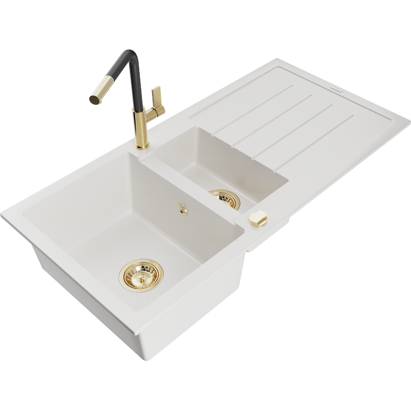 Mexen Andres lava-loiça de granito 1,5 bacias com escorredor e torneira de cozinha Flora, branco - 6515-20-670401-57-G