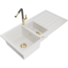 Mexen Andres fregadero de granito 1,5 senos con escurridor y grifo de cocina Flora, blanco - 6515-20-670401-57-G