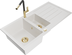 Mexen Andres 1.5-bowl granite sink with drainer and Flora kitchen tap, white - 6515-20-670401-57-G