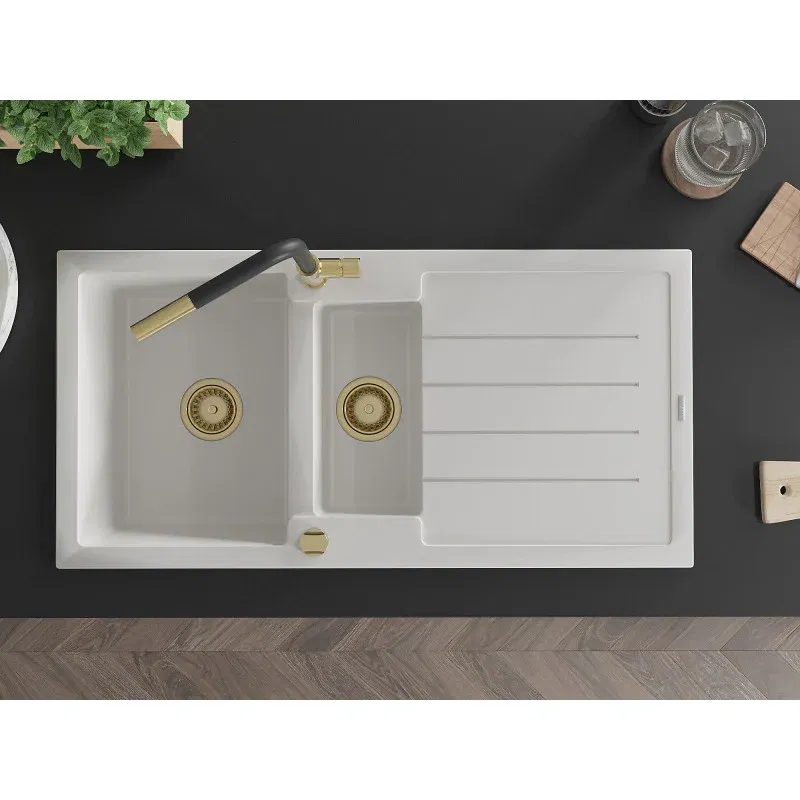 Mexen Andres Granitspüle, 1,5-Becken mit Abtropffläche und Küchenarmatur Flora, weiß - 6515-20-670401-57-G