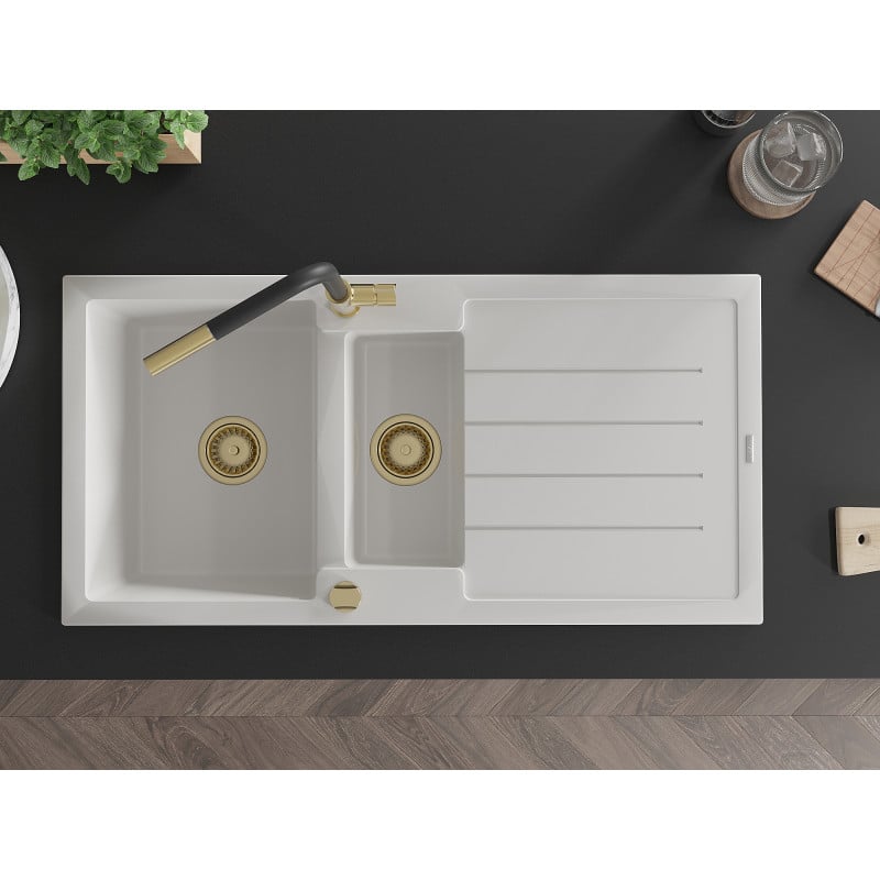 Mexen Andres lava-loiça de granito 1,5 bacias com escorredor e torneira de cozinha Flora, branco - 6515-20-670401-57-G