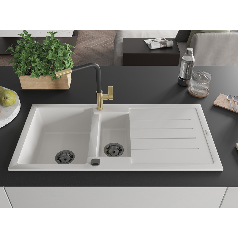 Mexen Andres fregadero de granito de 1,5 senos con escurridor y grifo de cocina Flora, blanco - 6515-20-670401-57-B