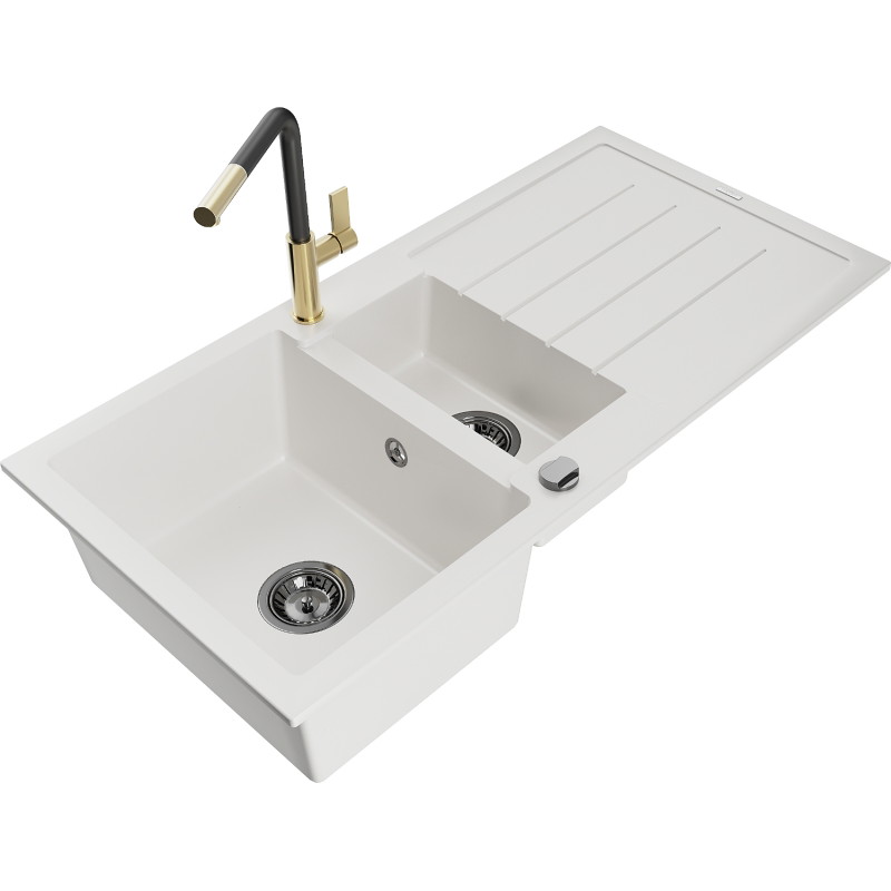 Mexen Andres fregadero de granito de 1,5 senos con escurridor y grifo de cocina Flora, blanco - 6515-20-670401-57-B