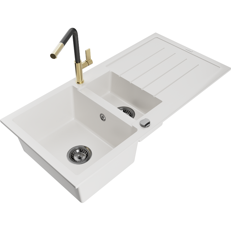 Mexen Andres lava-loiça de granito 1,5-cuba com escorredor e bateria de cozinha Flora, branco - 6515-20-670401-57-B