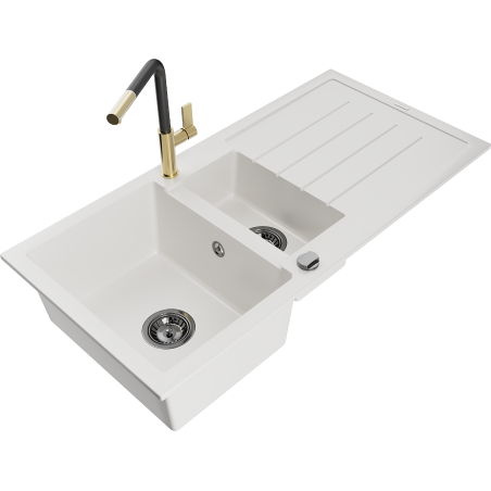 Mexen Andres granitische spoelbak 1,5-komers met afdruiprek en keukenkraan Flora, wit - 6515-20-670401-57-B
