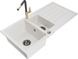 Mexen Andres Granit-Spullsteen mat 1,5-Schoss mat Oflaaf an Kichenbatterie Flora, wäiss - 6515-20-670401-57-B