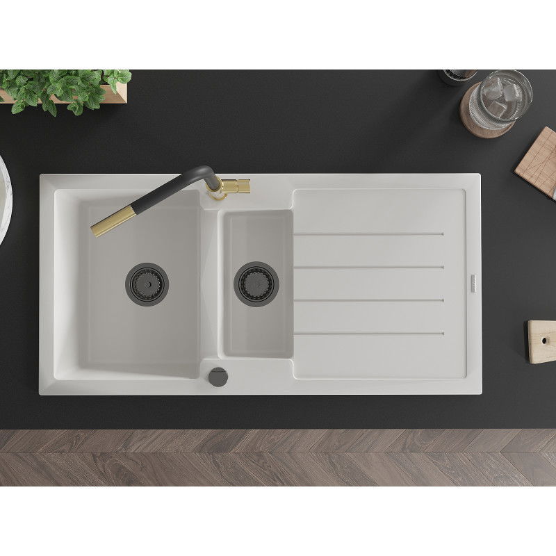 Mexen Andres granitno pomivalno korito 1,5-komorno s odcejalnikom in kuhinjsko pipo Flora, bel - 6515-20-670401-57-B