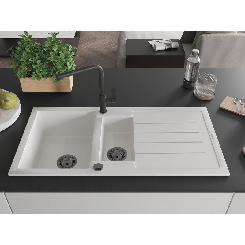 Mexen Andres granieten gootsteen 1,5-kamer met druiprek en keukenmengkraan Flora, wit - 6515-20-670401-70-B