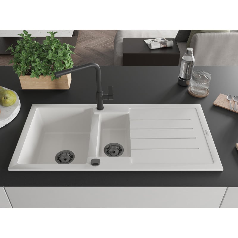Mexen Andres Granitspüle 1,5-becken mit Abtropffläche und Küchenarmatur Flora, weiß - 6515-20-670401-70-B