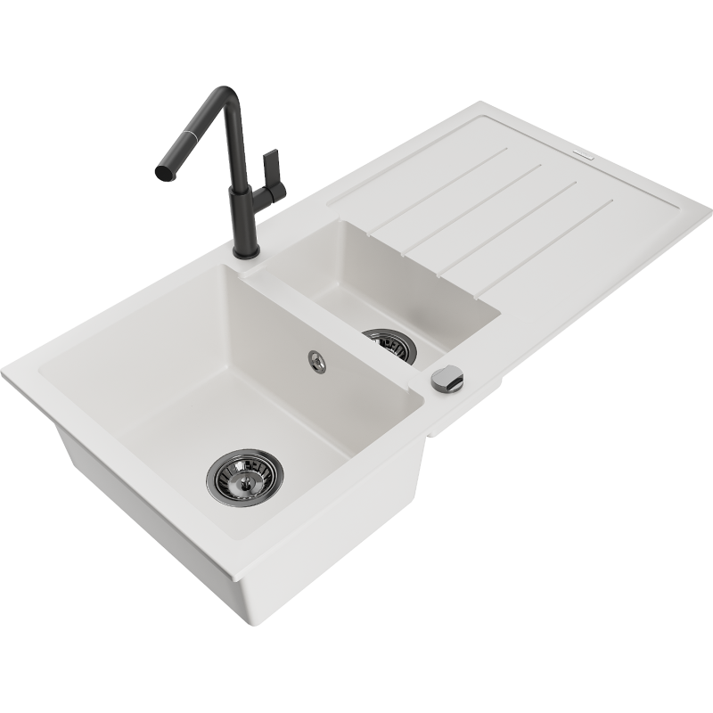 Mexen Andres fregadero de granito de 1,5 senos con escurridor y grifo de cocina Flora, blanco - 6515-20-670401-70-B