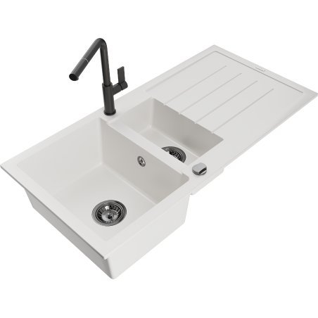 Mexen Andres fregadero de granito de 1,5 senos con escurridor y grifo de cocina Flora, blanco - 6515-20-670401-70-B