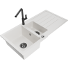Mexen Andres granieten gootsteen 1,5-kamer met druiprek en keukenmengkraan Flora, wit - 6515-20-670401-70-B