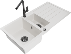 Mexen Andres Granit Spullhandwaschbecken 1,5-Kummer mat Drainage an Flora Kichenkrunn, wäiss - 6515-20-670401-70-B