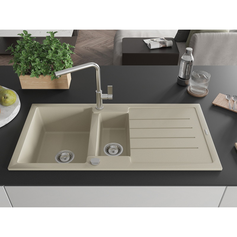Mexen Andres Évier en granit à 1,5 bac avec égouttoir et robinet de cuisine Flora, beige - 6515-69-670401-00