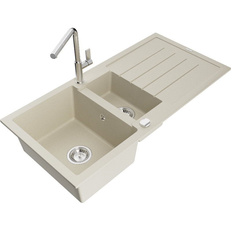 Mexen Andres fregadero de granito de 1,5 senos con escurridor y grifo de cocina Flora, beige - 6515-69-670401-00