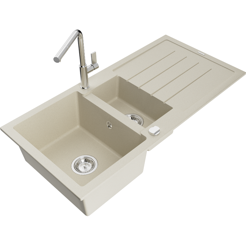 Mexen Andres granieten gootsteen 1,5-kamer met afdruiprek en keukenkraan Flora, beige - 6515-69-670401-00