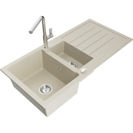 Mexen Andres fregadero de granito de 1,5 senos con escurridor y grifo de cocina Flora, beige - 6515-69-670401-00