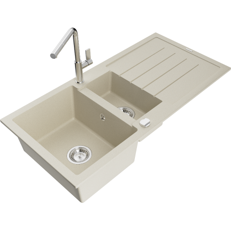 Mexen Andres granieten gootsteen 1,5-kamer met afdruiprek en keukenkraan Flora, beige - 6515-69-670401-00