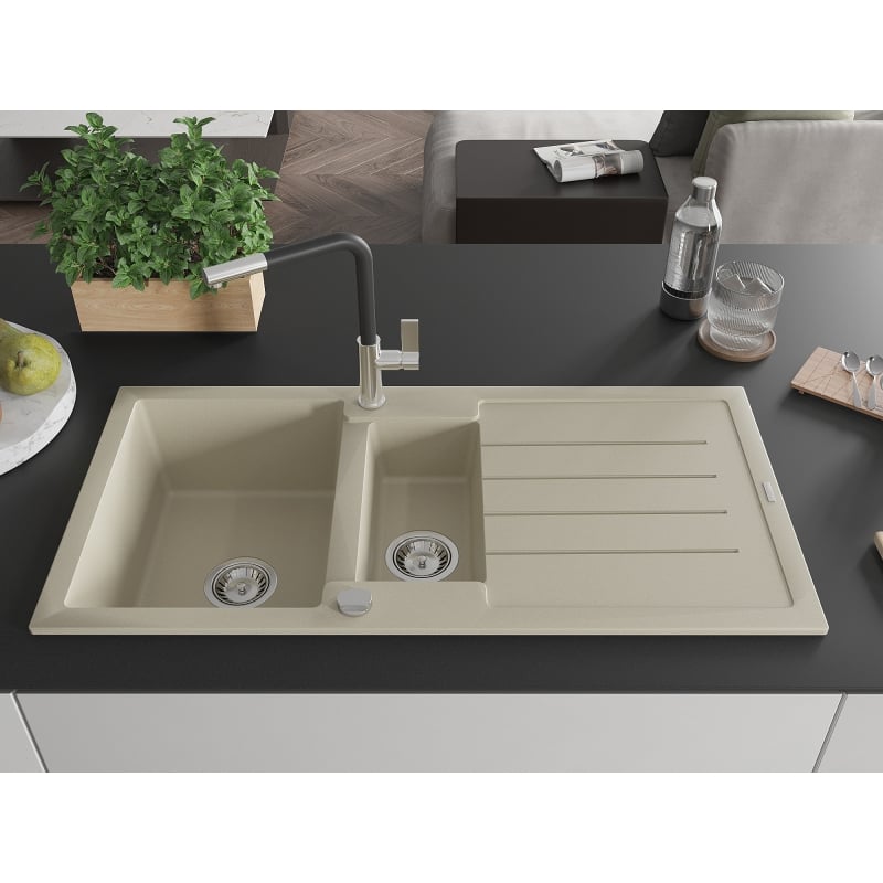 Mexen Andres granite kitchen sink 1.5-bowl with drainer and Flora kitchen faucet, beige - 6515-69-670401-07