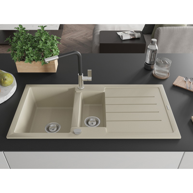 Mexen Andres granitische spoelbak 1,5-komor met afdruiprek en keukenkraan Flora, beige - 6515-69-670401-07