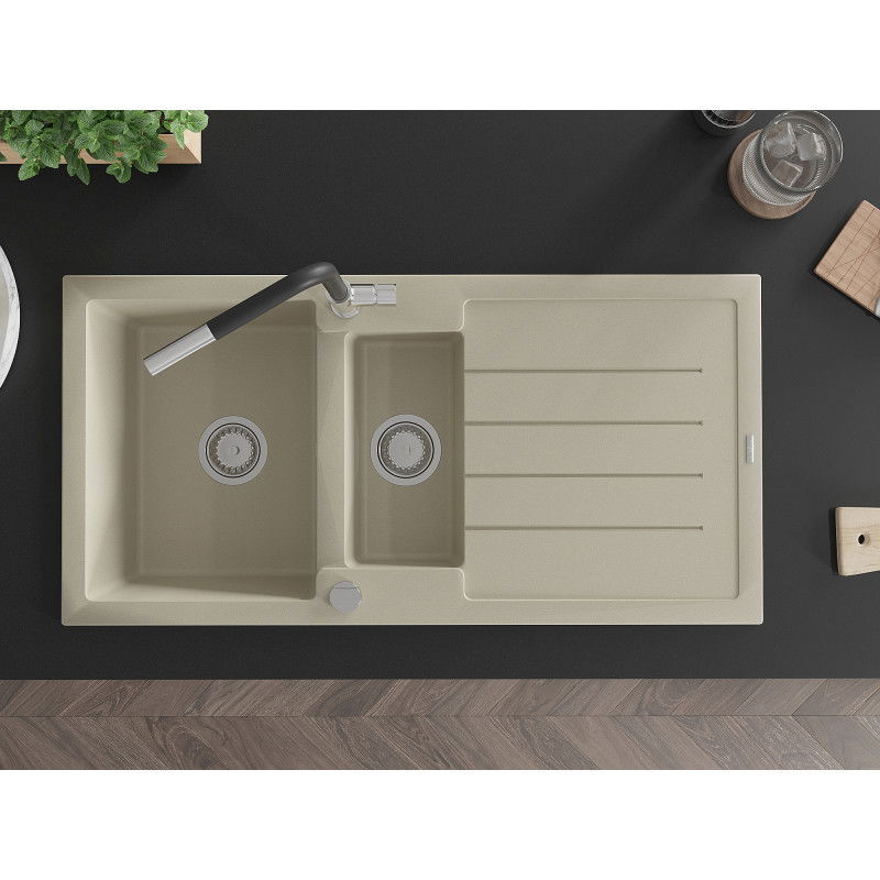 Mexen Andres fregadero de granito de 1,5 senos con escurridor y grifo de cocina Flora, beige - 6515-69-670401-07