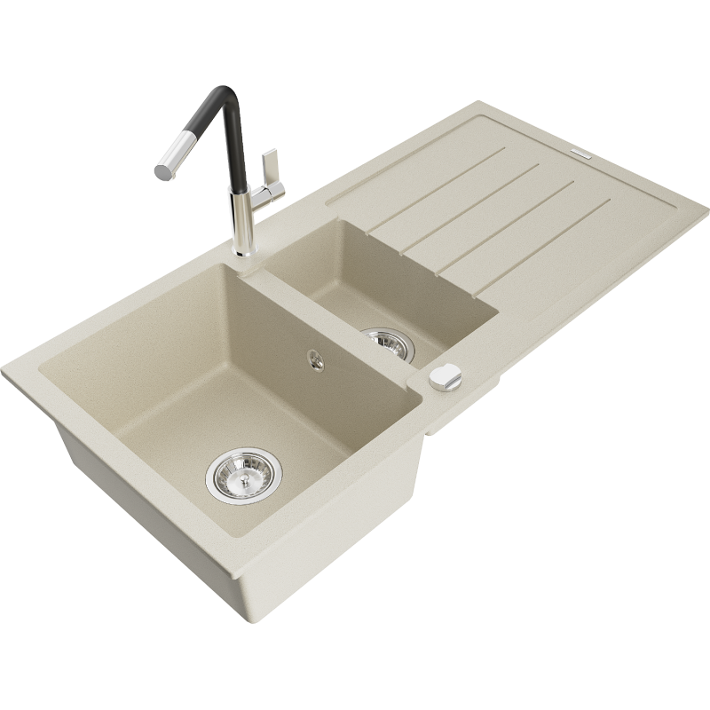 Mexen Andres granite sink 1.5-bowl with drainer and Flora kitchen tap, beige - 6515-69-670401-07