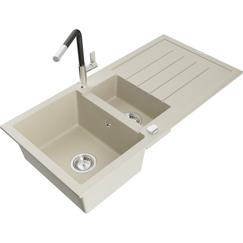 Mexen Andres Granitspüle 1,5-beckig mit Abtropffläche und Küchenarmatur Flora, beige - 6515-69-670401-07
