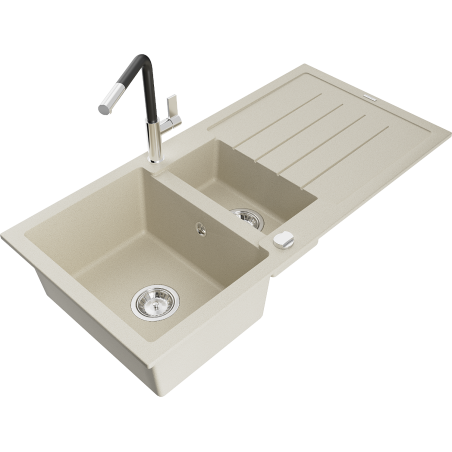 Mexen Andres granite kitchen sink 1.5-bowl with drainer and Flora kitchen faucet, beige - 6515-69-670401-07
