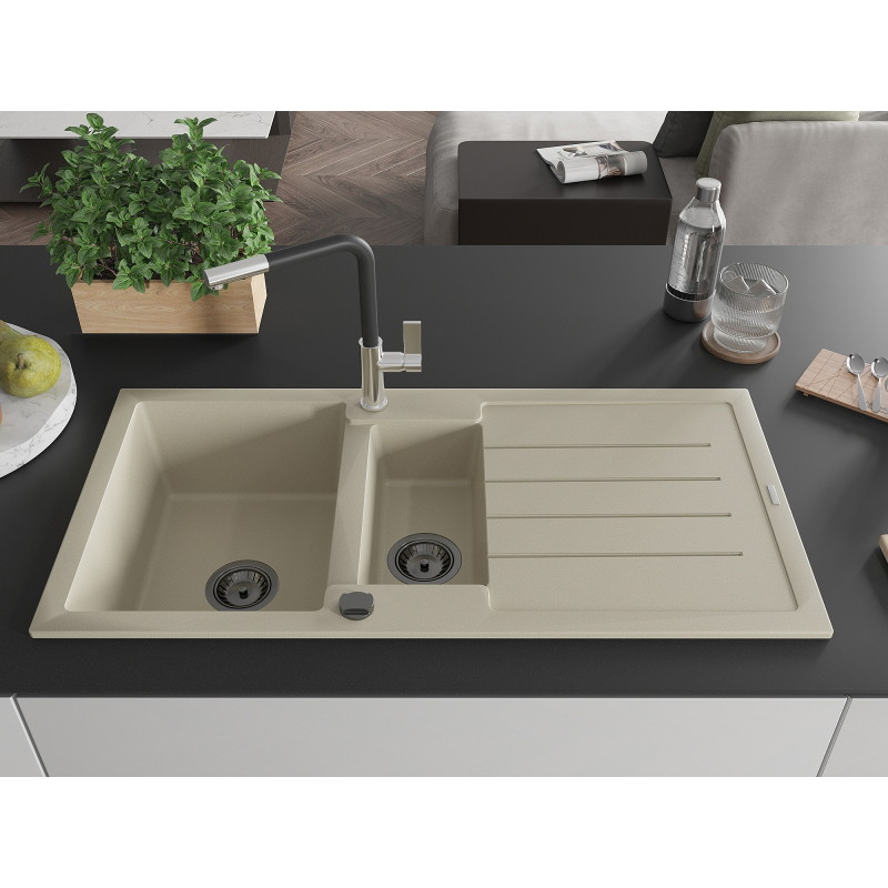 Mexen Andres fregadero de granito de 1,5 cubetas con escurridor y grifo de cocina Flora, beige - 6515-69-670401-07-B
