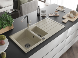 Mexen Andres fregadero de granito 1,5 senos con escurridor y grifo de cocina Flora, beige - 6515-69-670401-07-B