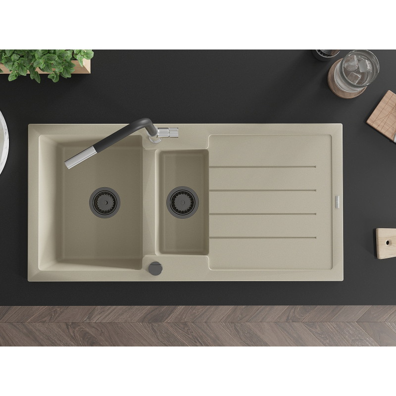 Mexen Andres granitische spoelbak 1,5-kamer met afdruiprek en keukenmengkraan Flora, beige - 6515-69-670401-07-B