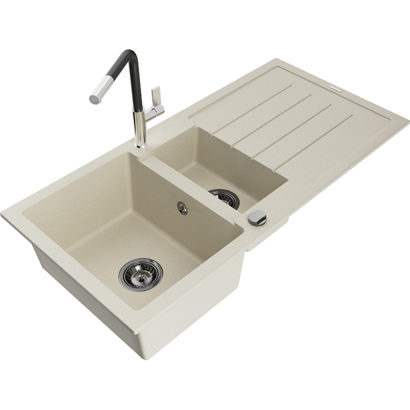 Mexen Andres 1.5-bowl granite sink with drainer and Flora kitchen tap, beige - 6515-69-670401-07-B