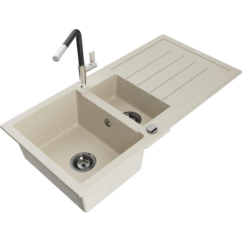 Mexen Andres évier en granit 1,5 cuves avec égouttoir et robinet de cuisine Flora, beige - 6515-69-670401-07-B