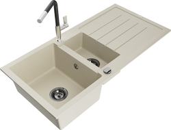 Mexen Andres lavello in granito 1,5 vasca con scolapiatti e rubinetto cucina Flora, beige - 6515-69-670401-07-B