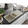 Mexen Andres Granitspüle 1,5-Becken mit Abtropffläche und Küchenarmatur Flora, beige - 6515-69-670401-09