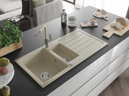 Mexen Andres Granitspüle 1,5-Becken mit Abtropffläche und Küchenarmatur Flora, beige - 6515-69-670401-09