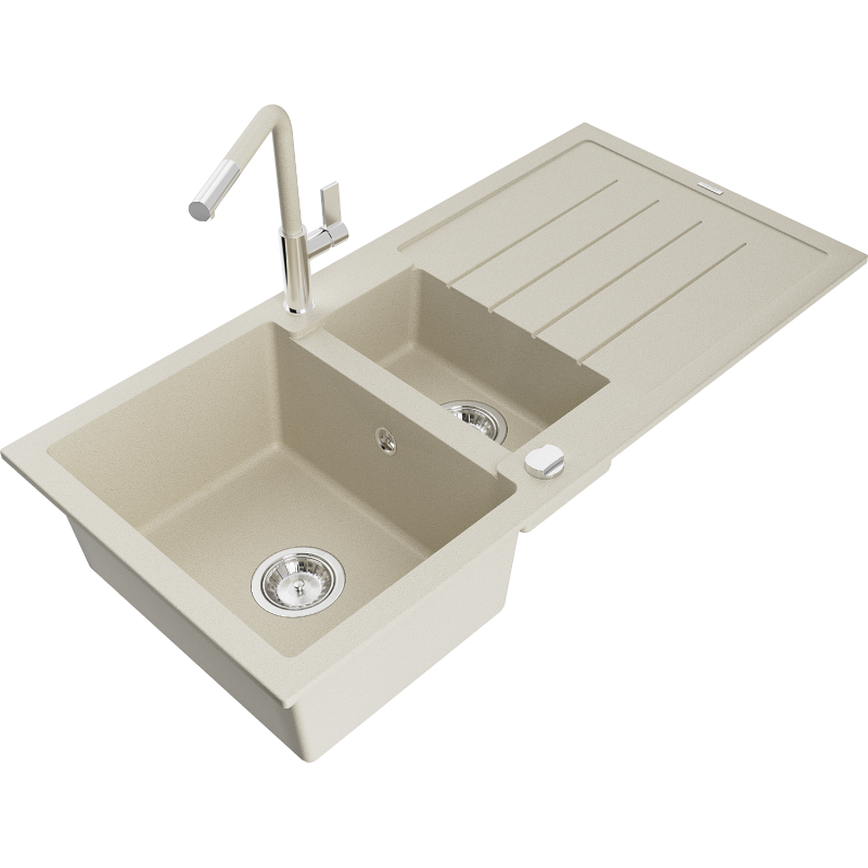 Mexen Andres granieten spoelbak met 1,5 kamers, afdruiprek en Flora keukenmengkraan, beige - 6515-69-670401-09
