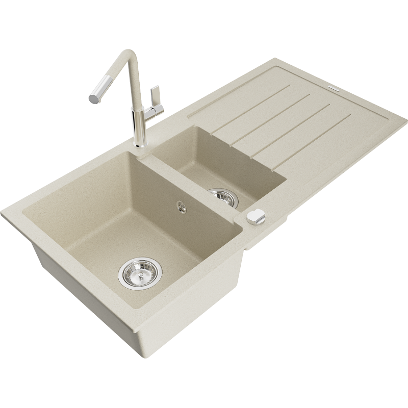 Mexen Andres Granitspüle 1,5-Becken mit Abtropffläche und Küchenarmatur Flora, beige - 6515-69-670401-09