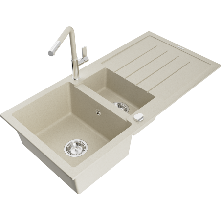 Mexen Andres granieten spoelbak met 1,5 kamers, afdruiprek en Flora keukenmengkraan, beige - 6515-69-670401-09