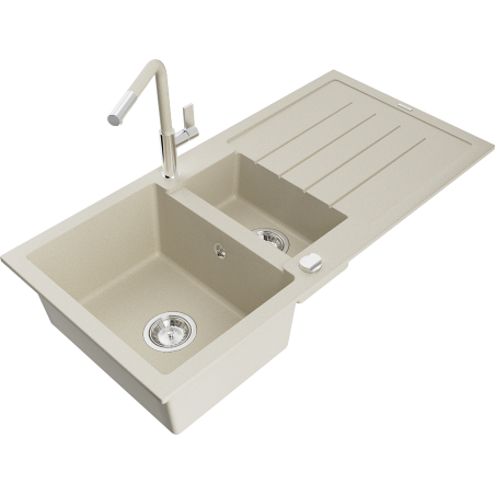 Mexen Andres Granitspüle 1,5-Becken mit Abtropffläche und Küchenarmatur Flora, beige - 6515-69-670401-09