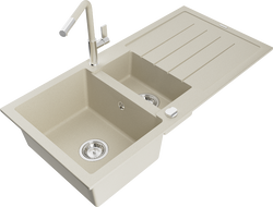 Mexen Andres Granitspüle 1,5-Becken mit Abtropffläche und Küchenarmatur Flora, beige - 6515-69-670401-09