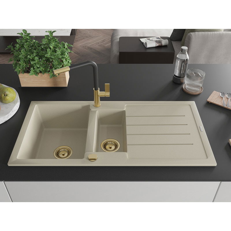 Mexen Andres lavello in granito 1,5 vasca con gocciolatoio e miscelatore cucina Flora, beige - 6515-69-670401-57-G