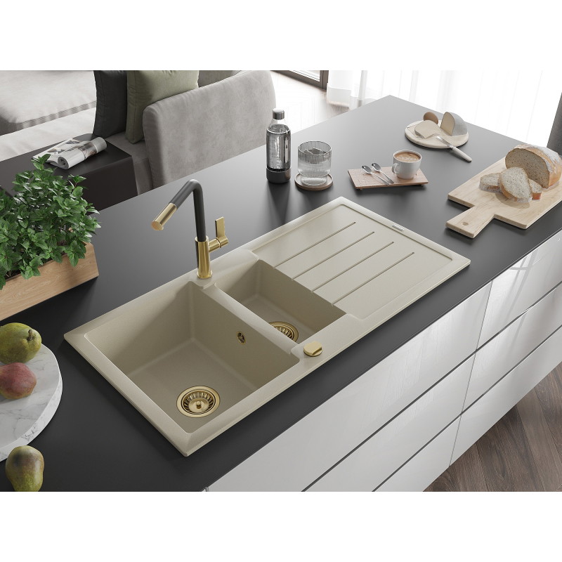 Mexen Andres granitspüle 1,5-fach mit Abtropffläche und Küchenarmatur Flora, beige - 6515-69-670401-57-G