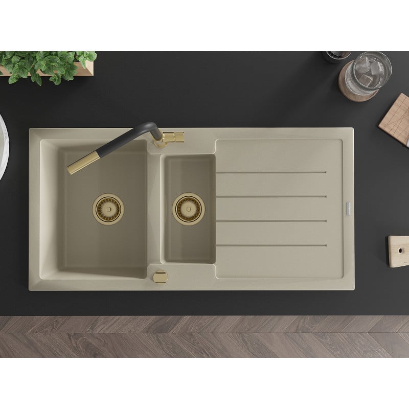 Mexen Andres fregadero de granito de 1,5 senos con escurridor y grifo de cocina Flora, beige - 6515-69-670401-57-G