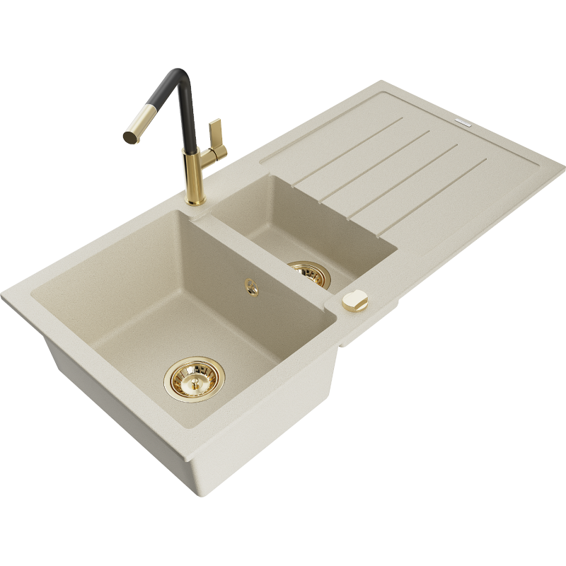 Mexen Andres fregadero de granito de 1,5 senos con escurridor y grifo de cocina Flora, beige - 6515-69-670401-57-G