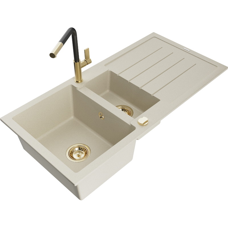 Mexen Andres granitspüle 1,5-fach mit Abtropffläche und Küchenarmatur Flora, beige - 6515-69-670401-57-G